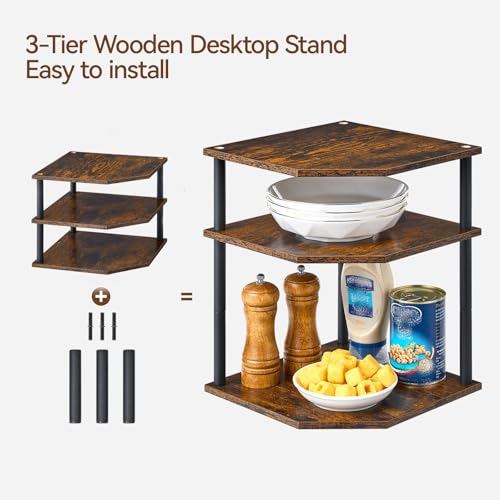 Wooden 3 Tier Corner Shelf, Countertop Storage Organizer for Kitchen Cabinets and Desk, Plates, Dishes, Bread and Small Space Decor, Adjustable - view 5