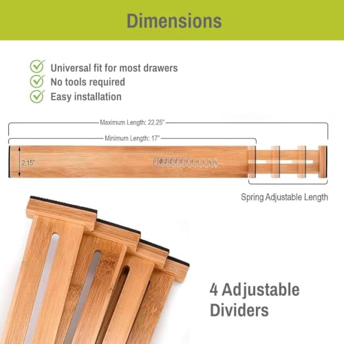 Bamboo Drawer Dividers, Adjustable Spring-Loaded, Expandable Kitchen Organizer, Set of 4, Water-Resistant Finish for Kitchen, Dresser, Bedroom and Bathroom - Natural - view 3