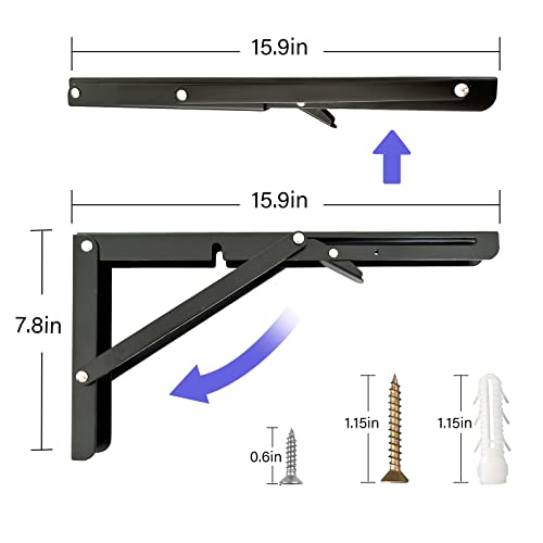 Folding Shelf Brackets, 16 Inch 2 Pcs Heavy Duty Shelf Brackets, Collapsible Brackets for Foldable Shelf, Bench Table, Wall Mounted Folding Table Brackets Space-Saving - view 2