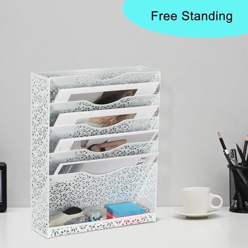 Desk File Organizer Heavy Duty Metal Wall Mount File Holder 5 Tier Mail Paper Folder Holder with Bottom Tray for Office Home Cubicle Countertop, White - view 4