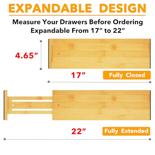 Bamboo 4 Pack Dresser Drawer Dividers, 4.65“ High Adjustable 17“-22” Drawer Organizers, Expandable Organization for Clothing, Clothes, Dressers, Natural - view 3