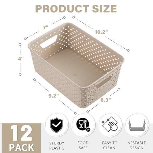 12 Pack Plastic Storage Baskets for Organizing, Storage Baskets for Shelves with Handles, Small Storage Bins with Labels, Classroom Storage Organization for Cabinet,Closet, Office,Natural - view 2