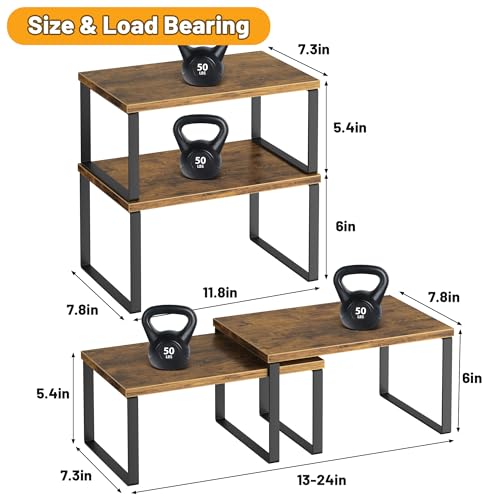 Kitchen Cabinet Organizer Shelf Set of 4, Sturdy Kitchen Counter Shelves with Metal Legs, Stackable Expandable Wood Spice Rack Pantry Cupboard Dish Mug Cup Storage Organizer Shelf, Rustic Brown - view 4