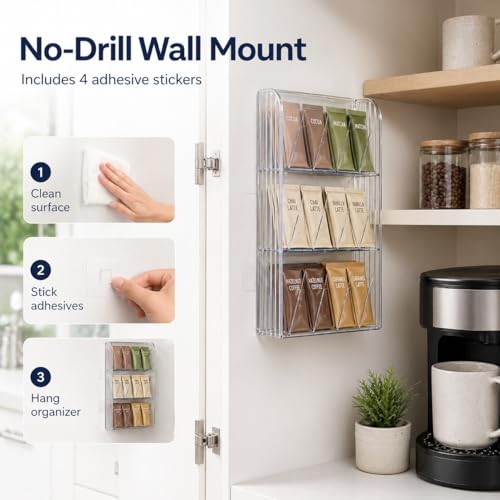 Drink Packet Organizer, 9-Compartment Water Flavor Packet Holder with Removable Dividers, Adjustable Tea Bag and Sugar Packet Storage Bin with Adhesive Stickers for Pantry, Fridge, Cabinet - view 3