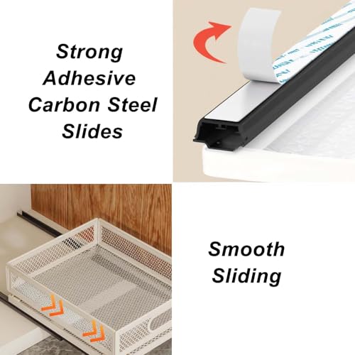 Pull-Out Cabinet Organizer W 9.4"x D 15.7"XH 8.3" Metal Steel Slide Basket with Adhesive Rails for Kitchen, Closet, Pantry Storage bathroom Sliding Drawer Rack undersink shelf - view 6