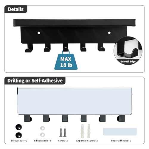 Key Holder for Wall Key Hooks with Tray and 6 Hooks, Wall Mounted Key Holder for Hallway, Key Rack with Shelf for Mail Storage (Black) - view 3