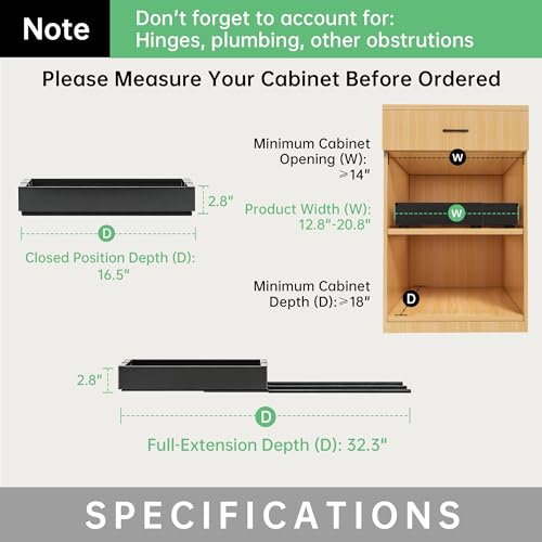 Pull out Cabinet Organizer, 2 pack, 16.5" Deep Heavy Slide out Drawers, Upgraded Full Extension 3-Rail System, Expandable 12.8"-20.8" Roll out Shelf Storage for Kitchen Cabinet Organization - view 4