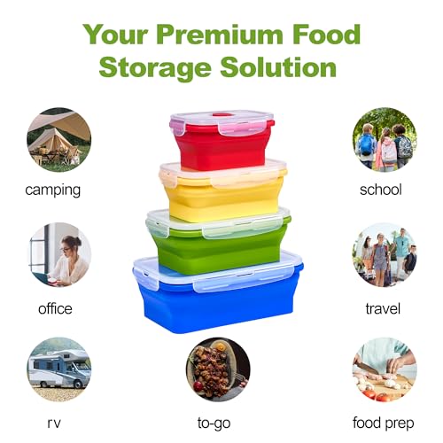 Set of 4 Collapsible Silicone Food Storage Container, Leftover Meal box For Kitchen, Bento Lunch Boxes, BPA Free, Microwave, Dishwasher and Freezer Safe. Foldable Design Saves Your Space. - view 7