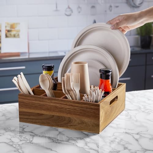Acacia Wood Utensil Holder for Party - Paper Plate Organizer for Countertop - Silverware Caddy with 6 Compartments for Plate, Cup, Fork, Spoon - Cutlery Holder for Kitchen Camping Buffet - view 3