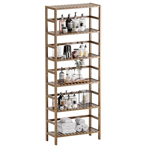 Bookcase, Bamboo Bookshelf, 6-Tier Adjustable Tall Open Book Shelf, Free Standing Storage Shelves Organizer, Flower Plant Display Stand, Walnut