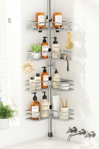 Shower Caddy Tension Pole, 4-Tier No Drill Corner Shower Organizer
