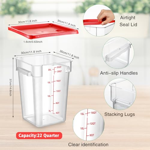 2 Pcs Square Food Storage Container Polycarbonate Clear Food Container with Lid Commercial Rice Storage with Graduations for Commercial Kitchen(22 Qt,Red) - view 2