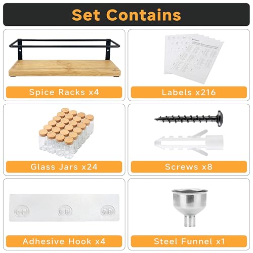 4-Tier Wall Mount Spice Rack Organizer with 24 Glass Jars, 216 Labels & Funnel - Screw/Adhesive Mount, Black Metal & Bamboo Spice Storage for Kitchen Pantry Cabinet, 11.6”W x 2.4”D x 3.2”H - view 2