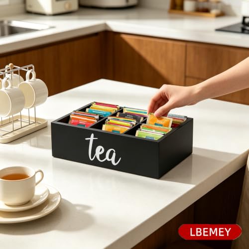 Tea Bag Organizer, Wood Tea Storage Containers with 6 Compartments, Sugar Packet Holder,Tea Bag Caddy Box for Cabinet Countertop Office (Black-Labeled "Tea") - view 6