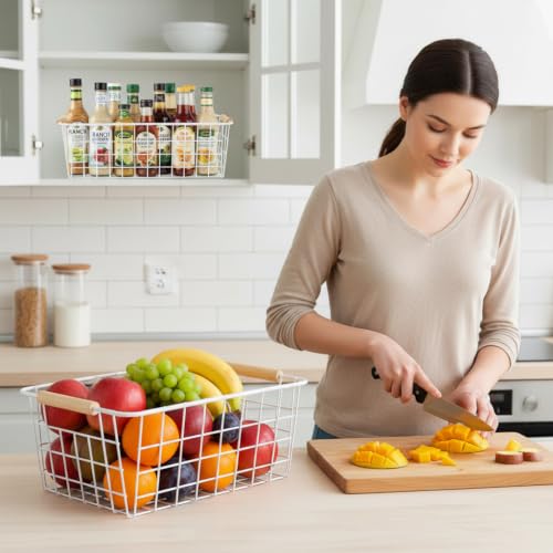 White wire baskets for organizing with Wooden Handles Storage Organizer Baskets, Household snack basket for Cabinets, Pantry, Closets, Bedrooms, pantry organizers and storage - Set of 2（White） - view 3