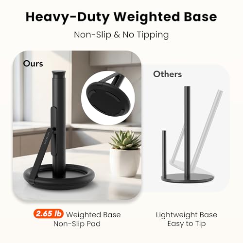 Paper Towel Holder with Spray Bottle, Countertop Freestanding Paper Towel Dispenser with Spring-Loaded Tension Arm for One-Handed Tear, Weighted Base, Stainless Steel for Kitchen, Black - view 2