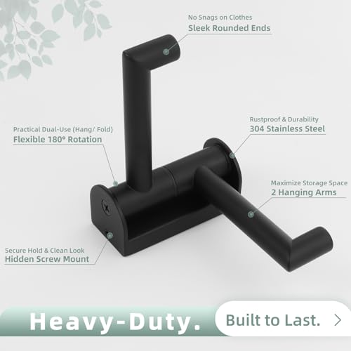 Matte Black Double Swivel Towel Hooks, 2 Pack, 304 Stainless Steel - view 7