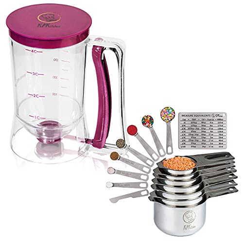 Pancake & Cupcake Batter Dispenser and Stainless Steel Measuring Cups and Spoons Set of 14 - Perfect for Waffles, Cakes, Crepes or Any Baked Goods - 7 Cup and 7 Spoon Metal Measure Sets