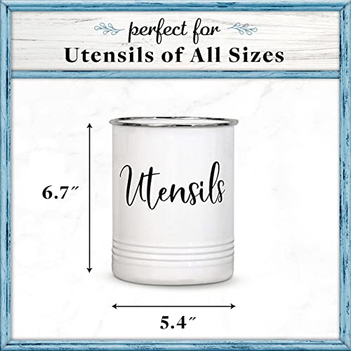 Vintage Farmhouse Utensil Holder - Stylish Countertop Organizer and Kitchen Decor Caddy - Stainless Steel Rim - White - view 3