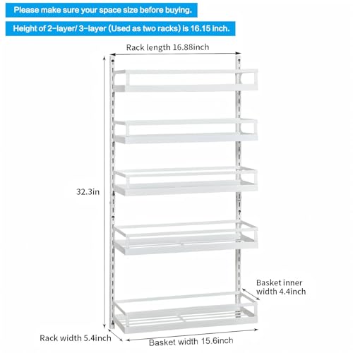 Wall Mount Spice Rack Organizer 5 Tier Height-Adjustable Hanging Spice Shelf Storage for Kitchen Pantry Cabinet Door, Dual-Use Seasoning Holder Rack with Hooks, White - view 7
