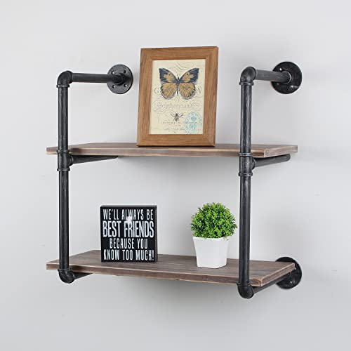 Industrial Pipe Shelving Wall Mounted,24in Rustic Metal Floating Shelves,Steampunk Real Wood Book Shelves,Wall Shelf Unit Bookshelf Hanging Wall Shelves,Farmhouse Kitchen Bar Shelving(2 Tier) - view 3