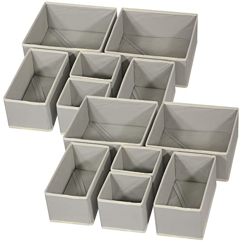 12 Pack Foldable Cloth Storage Box Closet Dresser Drawer Organizer Fabric Baskets Bins Containers Divider for Baby Clothes Underwear Bras Socks Lingerie Clothing,Grey 444