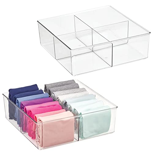 Plastic 4 Compartment Divided Drawer and Closet Storage Bin - Organizer for Scarves, Socks, Ties Bras, and Underwear - Dress Drawer Organizer, Shelf Organization - 2 Pack - Clear