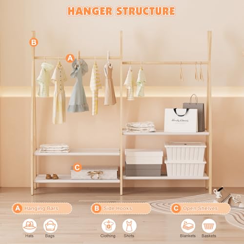 Small Kid Clothing Rack Wood Montessori Garment Rack for Toddler Baby Wardrobe Closet Compact Dress Up Storage Organizer Hanging Rod with Basket for Costume Princess Skirt Coat Bedroom Nursery - view 3