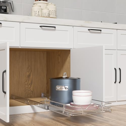 Pull Out Cabinet Organizer 2 Pack (15" W x 21" D), Pull out Shelves 1 Tier, Cabinet Slide Out Shelves for Base Cabinet Organization in Kitchen Bathroom Pantry, Bottom Mount, Chrome Finish - view 2