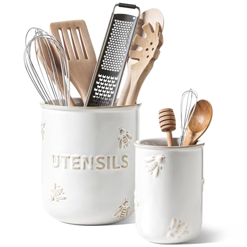 Kitchen Utensil Holder Set of 2 - 6.9"+5.3" Large Ceramic Cooking Utensil Crock & Organizer for Spatula, Spoon, Whisk - Farmhouse Countertop Storage, Arctic White, Embossed, Bee
