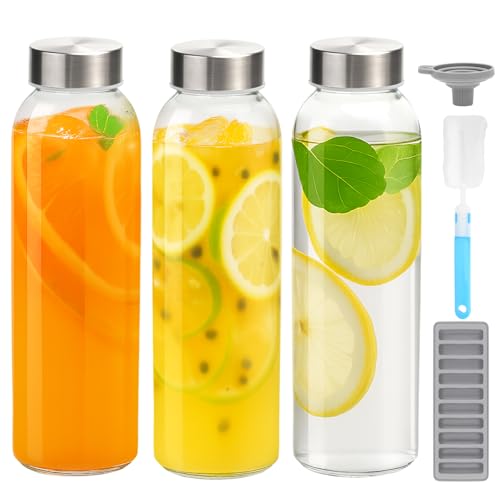 Glass Water Bottles with Stainless Steel Lids 24 oz, Set of 3