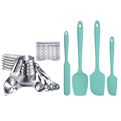 Measuring Cups and Spoons Set of 15, Silicone Spatula Set with 600℉ Heat Resistant (Aqua Sky)