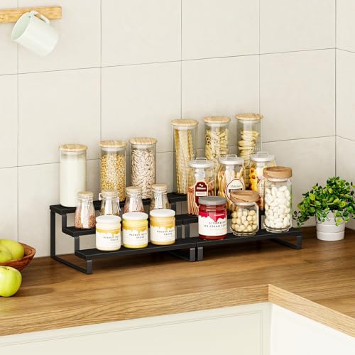 3 Tier Spice Rack, Set of 2 Wooden Spice Rack for Countertop, Cabinet Organizer Shelf Kitchen Counter Storage Shelves Cupcake Stand Holder Display Stand, Black - view 2