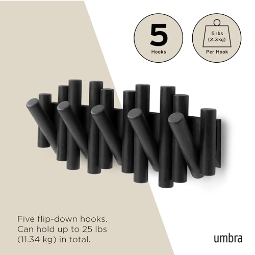 Picket Wall-Mounted Coat Rack Rail Hook with 5 Retractable Wood Pegs – Modern, Space-Saving Storage Organizer, Black - view 5