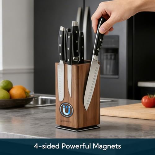 Magnetic Knife Block without Knives, 360° Rotatable Acacia Wood Knife Holder, Large Knife Storage with Magnet for Knives & Utensils, Kitchen Countertop Organizer - view 2