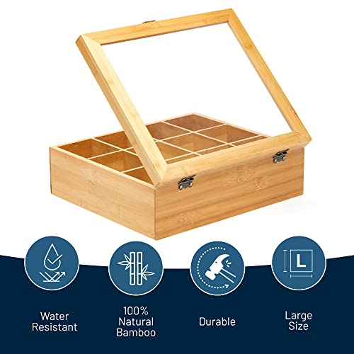 Natural Bamboo Tea Storage Organizer, Clear Acrylic Top, 12 Compartments - view 2