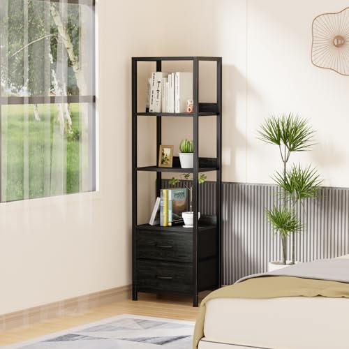 4 Tier Corner Shelf,Black Narrow Bookshelf with 2 Storage Drawers - view 4