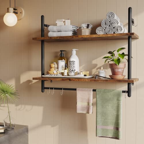 31" Industrial Pipe Wall Shelf with Towel Bar, Rustic Brown - view 5