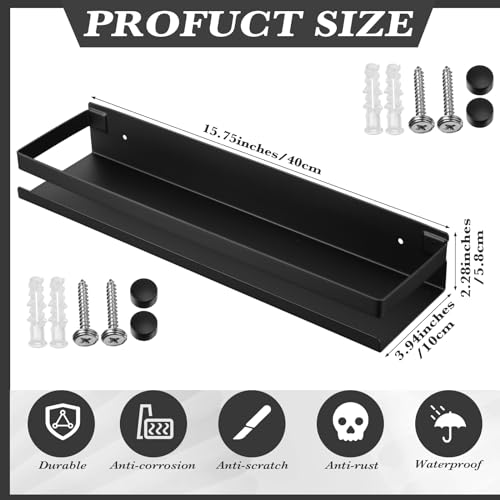 2 Pieces Stainless Steel Shelf Bathroom Shower Floating Shelves Wall Mounted Shower Caddy Basket Shelf Storage Organizer Shelves for Bathroom, Kitchen, Living Room(15.75 Inch/ 40 cm,Black) - view 3