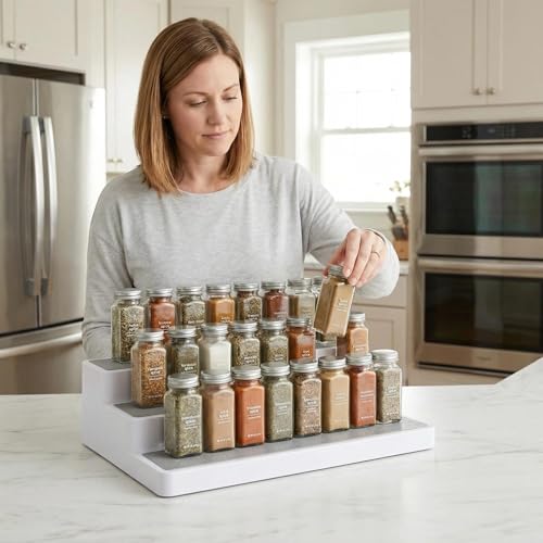 3 Tier Spice Rack Organizer for Cabinet, 3 Pack Non-Slip Spice Rack Shelf Organizer, Holds 24+ Jars, Plastic Spice Organizer for Cabinet, Pantry & Kitchen Countertop, White - view 3