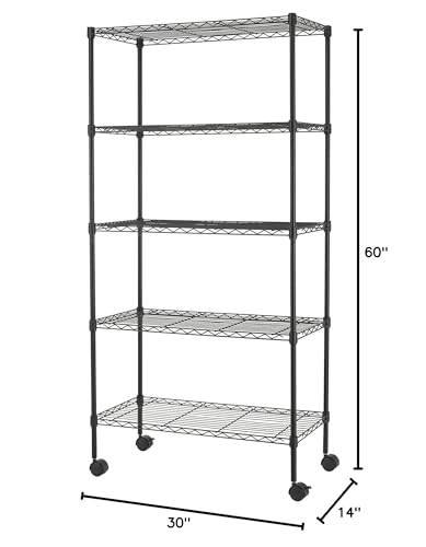 Finnkare Premium Heavy Duty 5 Tier Adjustable Metal Wire Shelving Rack Unit Storage Organizer Tower Shelf System 3Layer Anti-Rust Coating Display Workshop Kitchen Steel Leveling Feet 30”x14”x60” Black - view 2