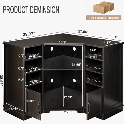 L Shaped Corner Bar Cabinet with Fridge Space, Wine Storage, Black, 40” - view 2