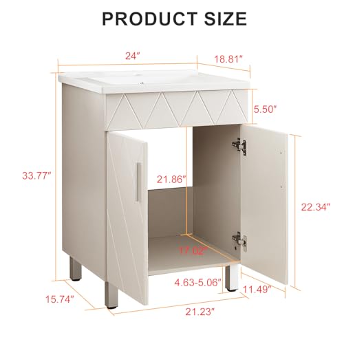 Bathroom Vanity with Sink 24 Inch, Modern Bathroom Cabinet with Diamond Pattern Doors, Ceramic Sink, Metal Legs, Small Bathroom Storage Vanity(Light Gray) - view 2