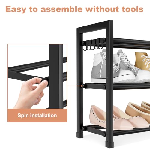 3-Tier Expandable Shoe Rack for Closet, Adjustable 18"-33" Metal Shoe Organizer for 12 Pairs, Shoe Shelf for Small Spaces, Entryway, Bedroom with 5 Hooks - view 6