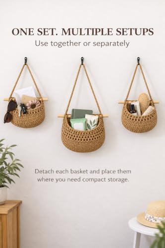 Compact 3-Tier Hanging Wall Basket Organizer with No-Drill Adhesive Hooks – Soft Cotton Rope Storage for Bathroom, Nursery & Small Spaces – Detachable, Renter Friendly - view 6