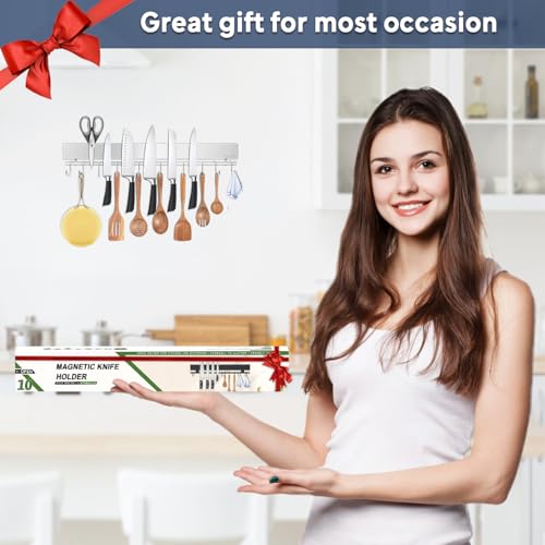 20 inch magnetic knife holder with 10 hooks, no drilling knife magnetic strip, and utensil hanger for wall. Powerful knife magnet rack includes tape and screw - view 6