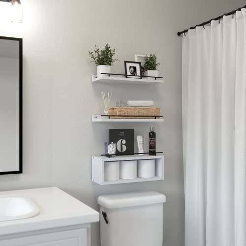 Floating Shelves for Wall with Cube Shelf, Wall Shelves with Metal Rail for Decor, Bathroom Organizers and Storage, Over Toilet Shelves for Bathroom, Toilet Paper-White - view 2