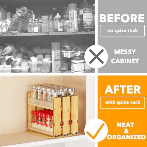 Bamboo Pull Out Spice Rack Organizer for Cabinet, Heavy Duty Slide Out Seasoning Kitchen Pantry Sliding Vertical Organization, 7.6" Wide, 3 Drawers(2" Wide), 2-Tier, Natural - view 2