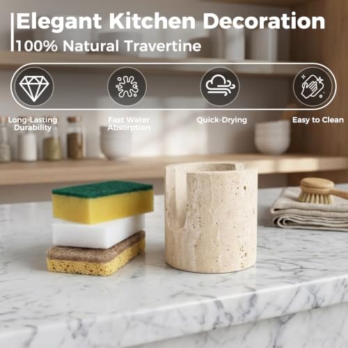 Natural Travertine Sponge Holder for Kitchen Sink, Wabi-Sabi Stone Sink Caddy Organizer, Instant Drying Marble Sponge Rack, Minimalist Aesthetic Decor & Housewarming Gift, Beige Porous Stone - view 2
