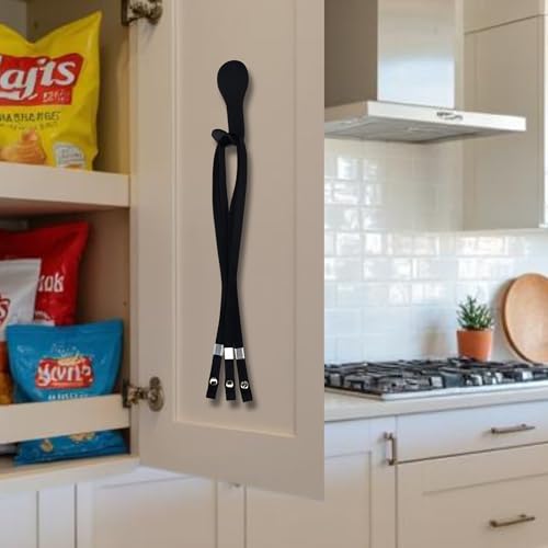 Pantry Organization Kit for Chip, Snack, and Food Bags - Bag Bands (5ct) with Storage Hook - Pantry Door Organizer for Airtight Snack Storage, Adjustable Clips - Space-Saving Alternative to Chip Clips- Black